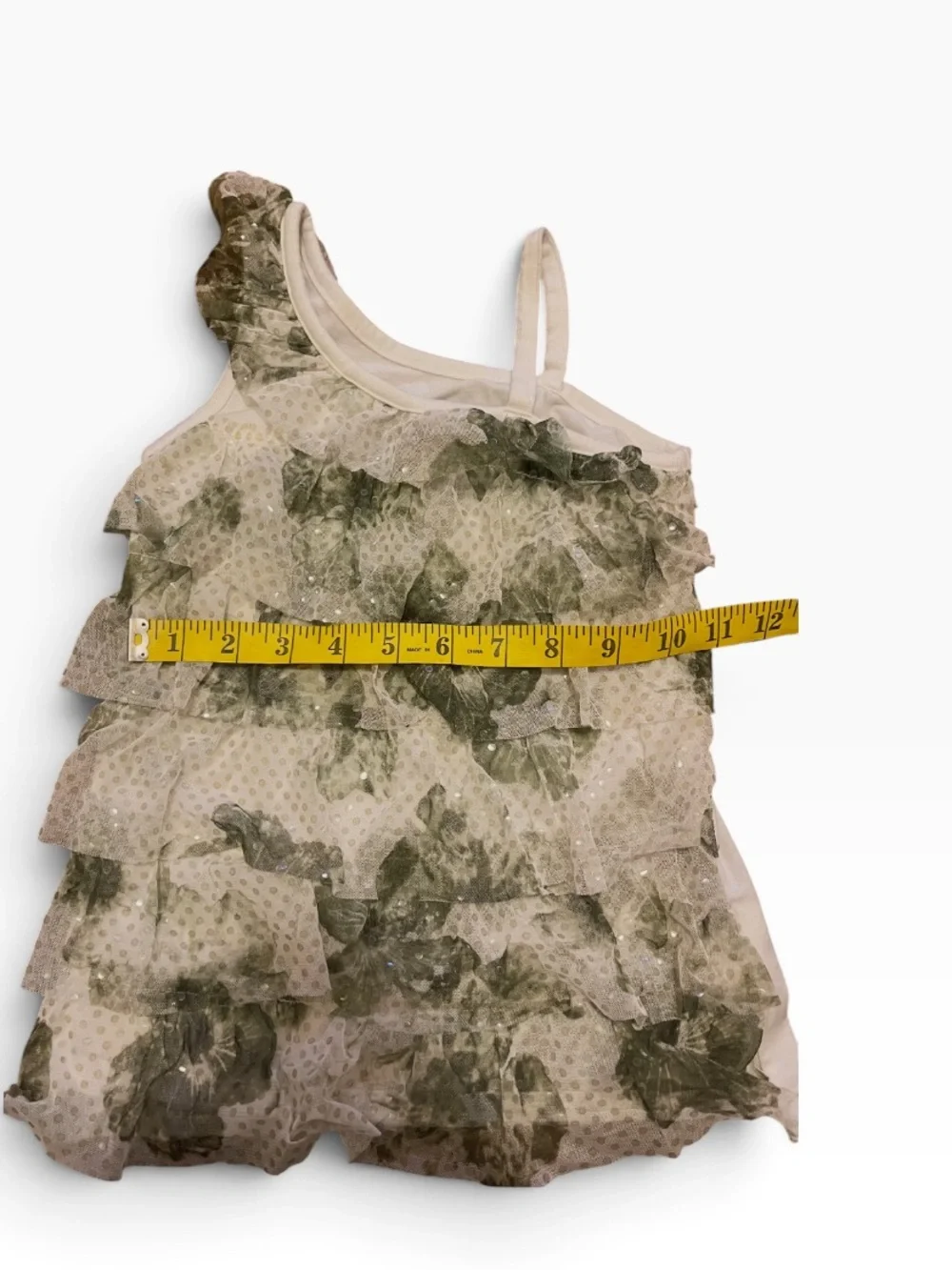 Y2k Vintage Layered Ruffle Top. One shoulder Green floral